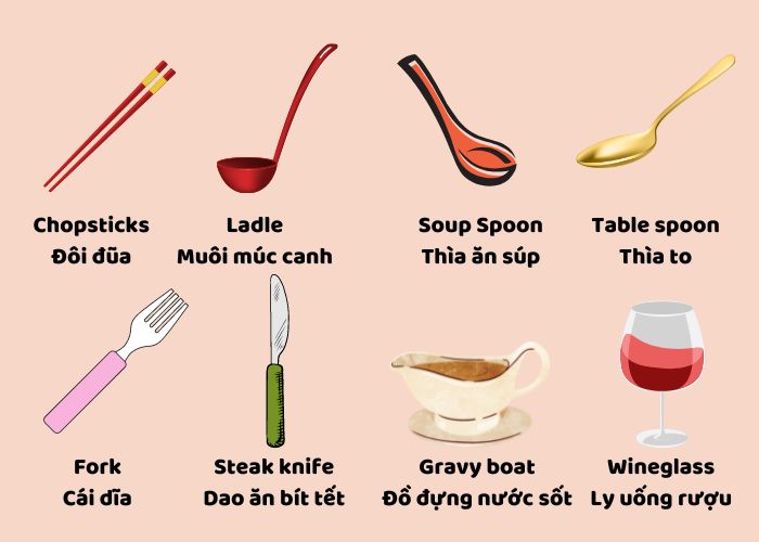 Từ vựng về nhà bếp về các đồ vật trên bàn ăn trong tiếng Anh (Phần 1)